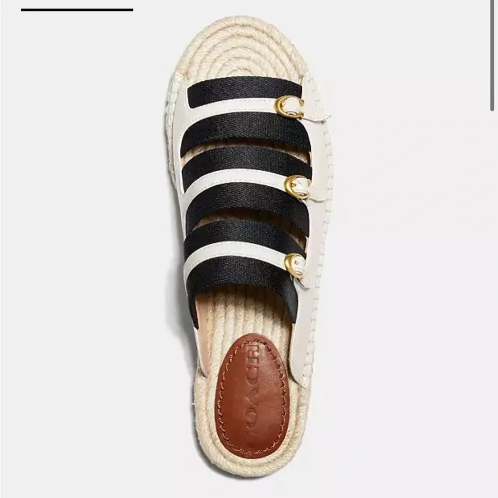 COACH Devon Espadrille Sandal Leather Slip On Slide Shoe Black White Sz 5 NEW